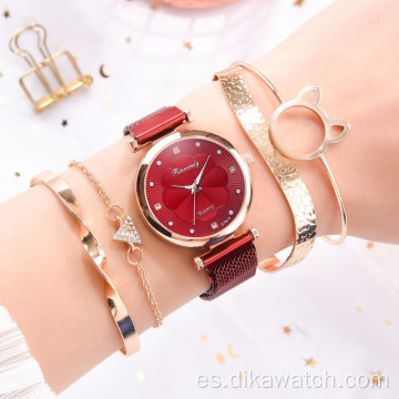 Conjunto de 5 uds de relojes de moda para Mujer, Reloj de pulsera de cuarzo con hebilla magnética de lujo con diamantes de imitación para Mujer, Reloj de pulsera de cuarzo para Mujer